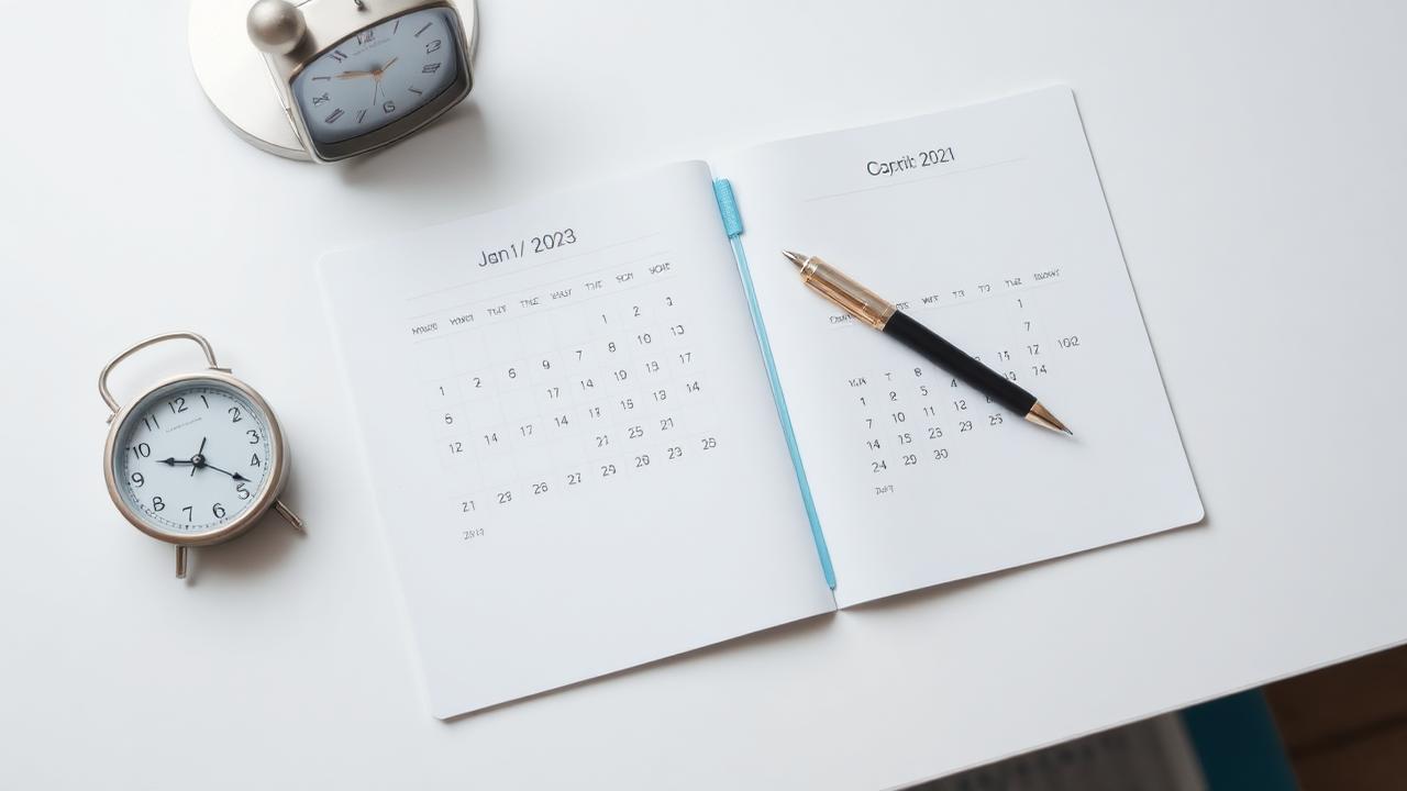 Calendar pages with a pen and a small clock