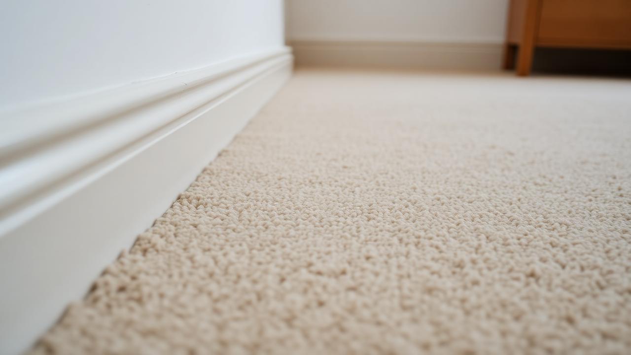 Close-up of slightly worn beige carpet next to a baseboard