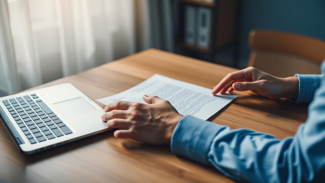 Person at a desk reviewing a printed letter and laptop
